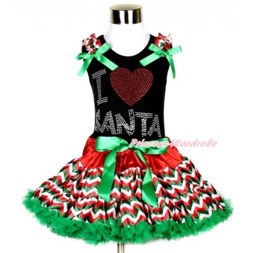 Xmas Black Tank Top with Sparkle Crystal Bling I Love Santa Print with Red White Green Wave Ruffles & Kelly Green Bow & Red White Green Wave Pettiskirt MG805 