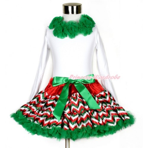Xmas Red White Green Wave Pettiskirt Matching White Long Sleeve Top With Kelly Green Rosettes MW350 