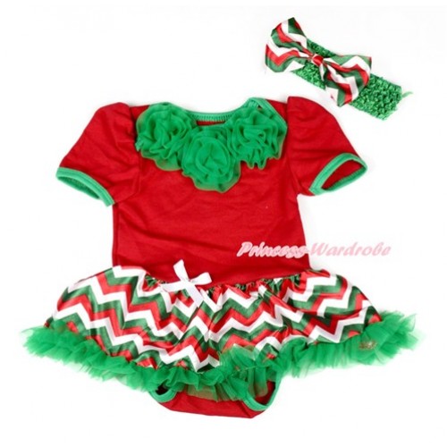 Xmas Red Baby Bodysuit Jumpsuit Red White Green Wave Pettiskirt with Kelly Green Rosettes JS1845 