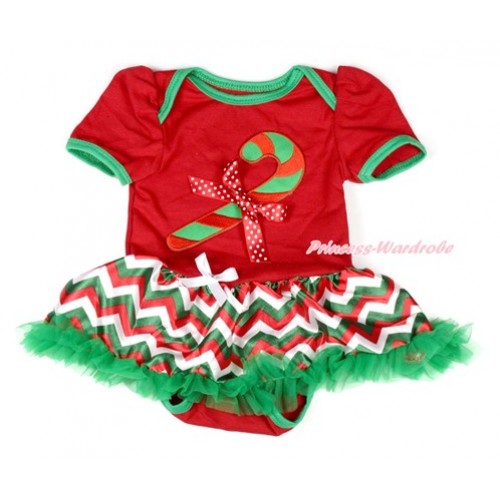 Xmas Red Baby Bodysuit Jumpsuit Red White Green Wave Pettiskirt with Christmas Stick Print & Minnie Dots Bow JS1857 