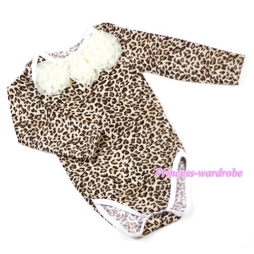Leopard Print Long Sleeve Baby Jumpsuit with Cream White Rosettes LH50 
