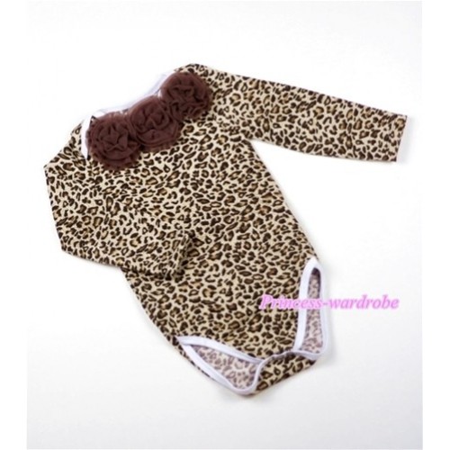Leopard Print Long Sleeve Baby Jumpsuit with Brown Rosettes LH52 