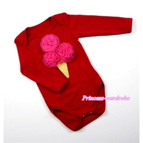 Hot Red Long Sleeve Baby Jumpsuit with Hot Pink Rosettes Ice Cream Print LS152 