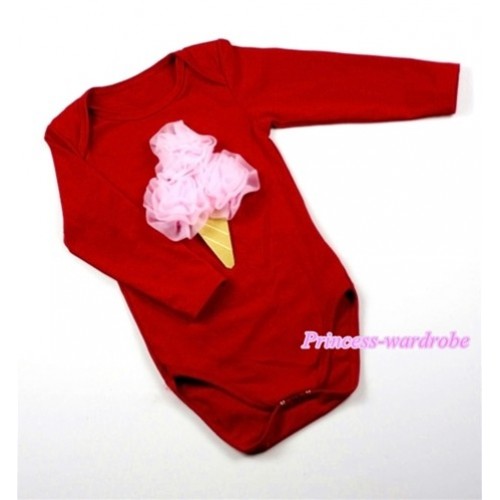 Hot Red Long Sleeve Baby Jumpsuit with Light Pink Rosettes Ice Cream Print LS153 