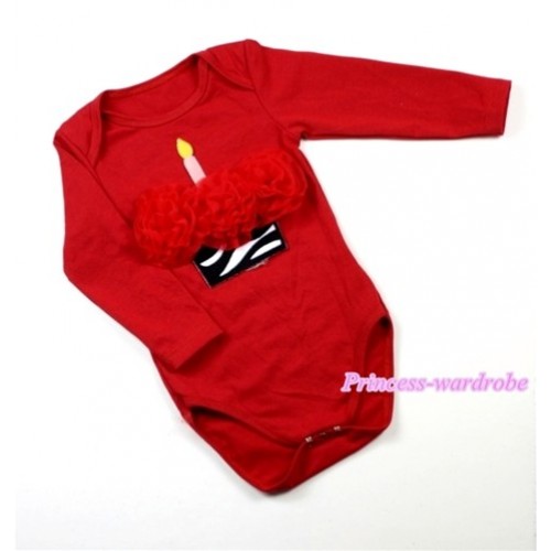 Hot Red Long Sleeve Baby Jumpsuit with Red Rosettes Zebra Birthday Cake Print LS156 