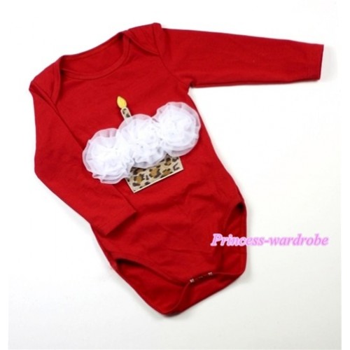 Hot Red Long Sleeve Baby Jumpsuit with White Rosettes Leopard Birthday Cake Print LS159 
