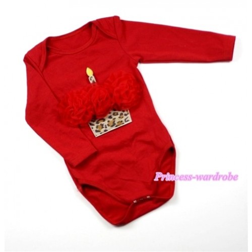 Hot Red Long Sleeve Baby Jumpsuit with Red Rosettes Leopard Birthday Cake Print LS160 