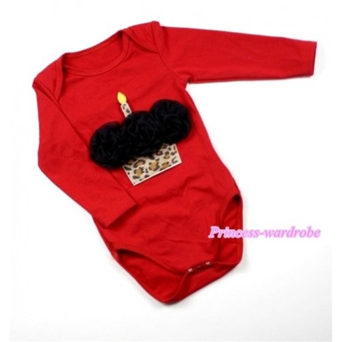 Hot Red Long Sleeve Baby Jumpsuit with Black Rosettes Leopard Birthday Cake Print LS161 