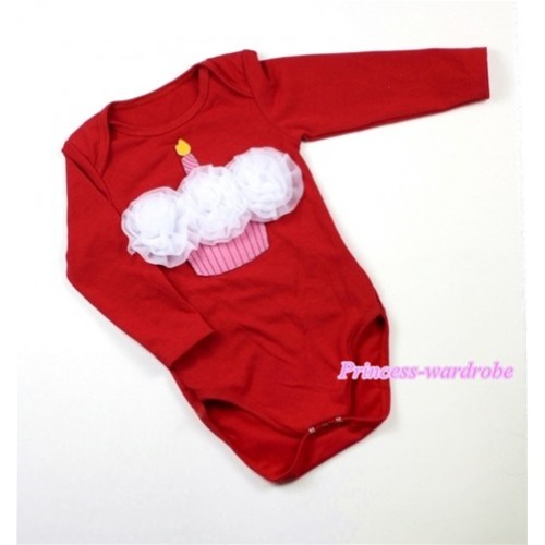 Hot Red Long Sleeve Baby Jumpsuit with White Rosettes Birthday Cake Print LS169 