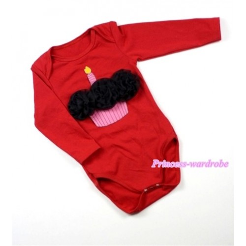 Hot Red Long Sleeve Baby Jumpsuit with Black Rosettes Birthday Cake Print LS170 