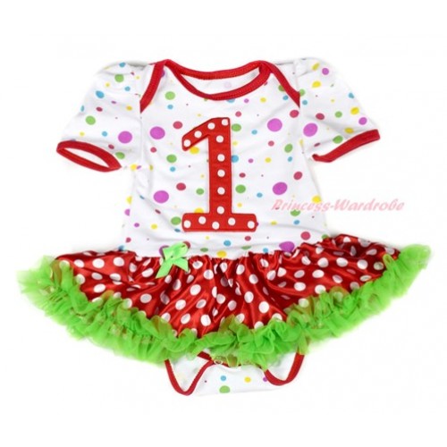 White Rainbow Dots Baby Jumpsuit Dark Green Minnie Dots Pettiskirt with 1st Red White Dots Birthday Number Print JS1865 