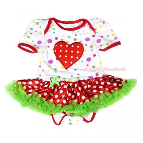 Xmas White Rainbow Dots Baby Jumpsuit Dark Green Minnie Dots Pettiskirt with Red White Polka Dots Heart Print JS1879 