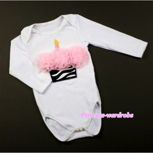 White Long Sleeve Baby Jumpsuit with Light Pink Rosettes Zebra Birthday Cake Print LS172 