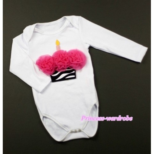 White Long Sleeve Baby Jumpsuit with Hot Pink Rosettes Zebra Birthday Cake Print LS173 