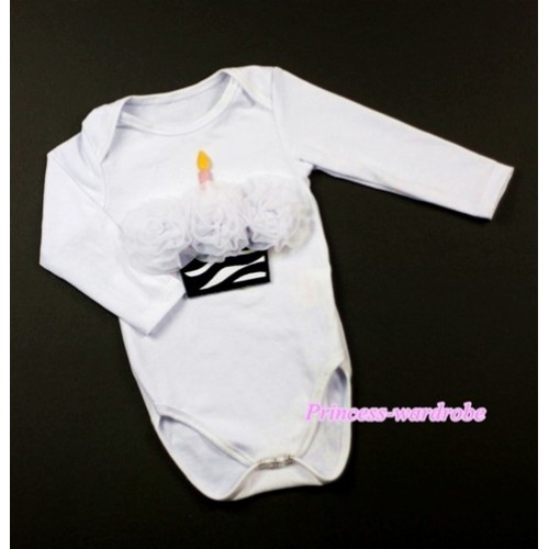 White Long Sleeve Baby Jumpsuit with White Rosettes Zebra Birthday Cake Print LS175 
