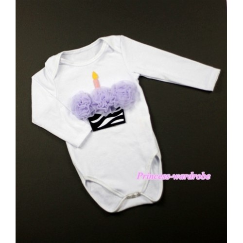 White Long Sleeve Baby Jumpsuit with Lavender Rosettes Zebra Birthday Cake Print LS177 