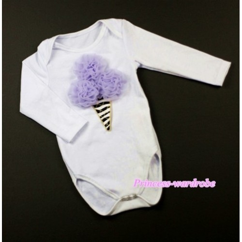 White Long Sleeve Baby Jumpsuit with Lavender Rosettes Zebra Ice Cream Print LS178 