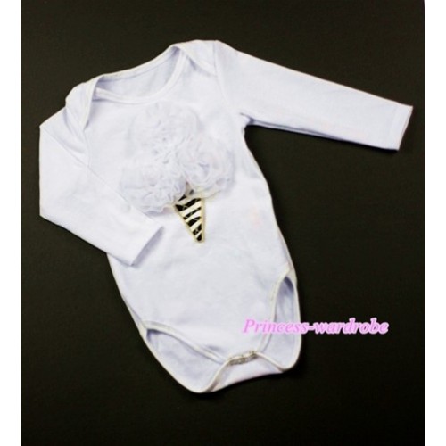 White Long Sleeve Baby Jumpsuit with White Rosettes Zebra Ice Cream Print LS180 