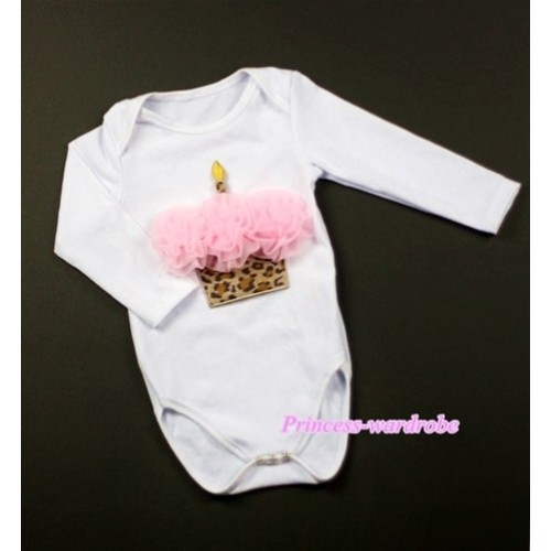 White Long Sleeve Baby Jumpsuit with Light Pink Rosettes Leopard Bithday Cake Print LS184 