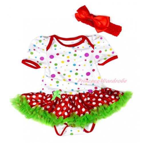 White Rainbow Dots Baby Bodysuit Jumpsuit Dark Green Minnie Dots Pettiskirt With Red Headband Red Silk Bow JS1895 