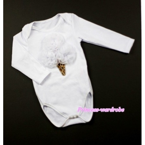 White Long Sleeve Baby Jumpsuit with White Rosettes Leopard Ice Cream Print LS191 