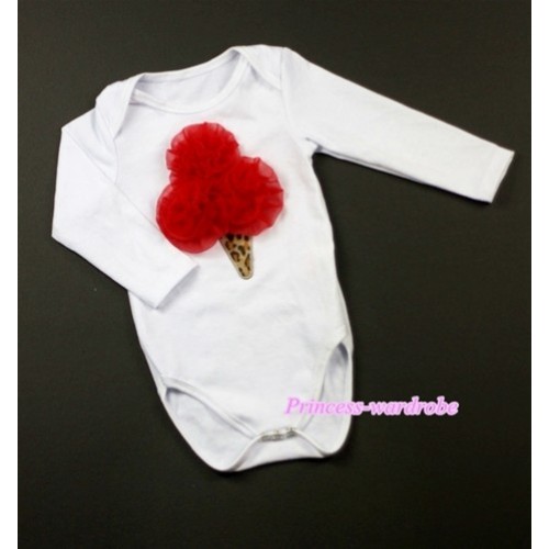 White Long Sleeve Baby Jumpsuit with Red Rosettes Leopard Ice Cream Print LS192 