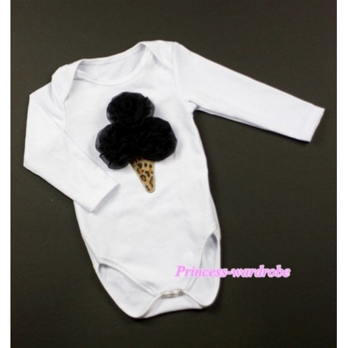 White Long Sleeve Baby Jumpsuit with Black Rosettes Leopard Ice Cream Print LS193 