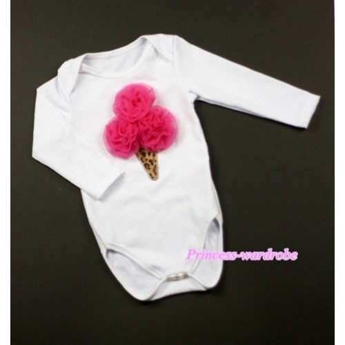 White Long Sleeve Baby Jumpsuit with Hot Pink Rosettes Leopard Ice Cream Print LS194 
