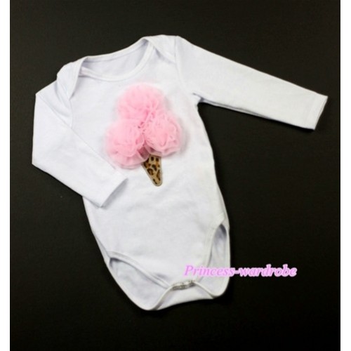 White Long Sleeve Baby Jumpsuit with Light Pink Rosettes Leopard Ice Cream Print LS195 