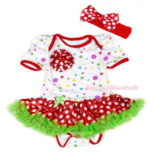 White Rainbow Dots Baby Bodysuit Jumpsuit Dark Green Minnie Dots Pettiskirt With One Minnie Dots Rose With Red Headband Minnie Dots Satin Bow JS1897 