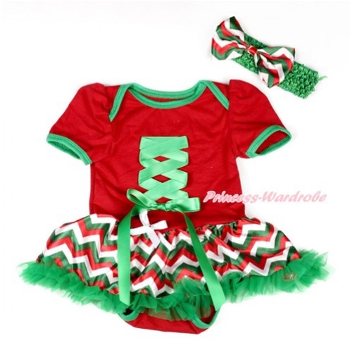 Xmas Red Baby Bodysuit Jumpsuit Red White Green Wave Pettiskirt With Kelly Green Crisscross Ribbon Bow With Kelly Green Headband Red White Green Wave Satin Bow JS1900 