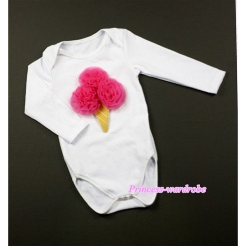 White Long Sleeve Baby Jumpsuit with Hot Pink Ice Cream Print LS197 