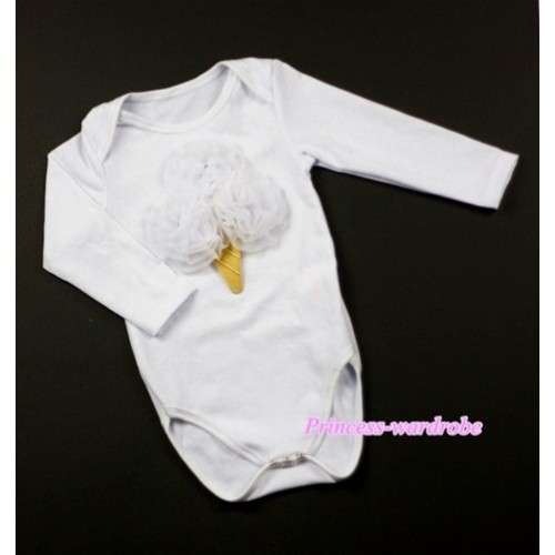 White Long Sleeve Baby Jumpsuit with White Rosettes Ice Cream Print LS201 