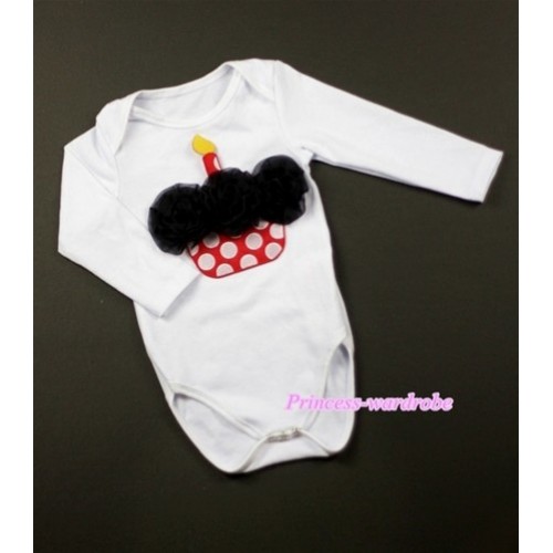 White Long Sleeve Baby Jumpsuit with Black Rosettes Minnie Dots Birthday Cake Print LS204 