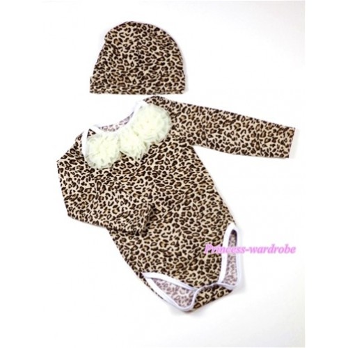 Leopard Print Long Sleeve Baby Jumpsuit with Cream White Rosettes with Cap Set LH100 