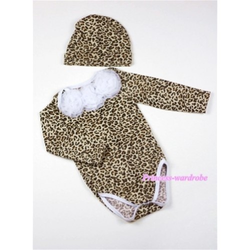 Leopard Print Long Sleeve Baby Jumpsuit with White Rosettes with Cap Set LH101 