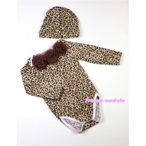 Leopard Print Long Sleeve Baby Jumpsuit with Brown Rosettes with Cap Set LH102 