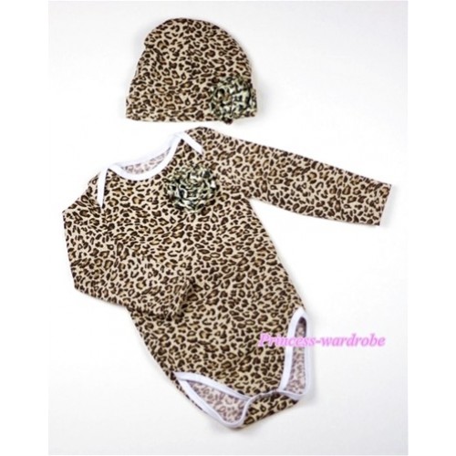 Leopard Print Baby Long Sleeve Jumpsuit with a Leopard Rosettes with Cap Set LH200 