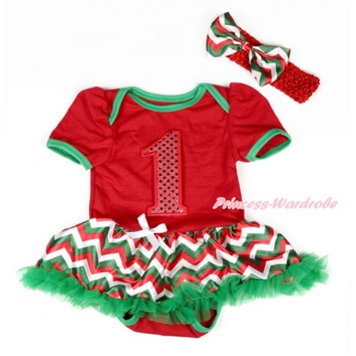 Xmas Red Baby Bodysuit Jumpsuit Red White Green Wave Pettiskirt With 1st Sparkle Red Birthday Number Print With Red Headband Red White Green Wave Satin Bow JS1903 