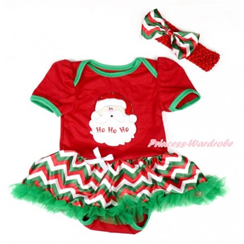 Xmas Red Baby Bodysuit Jumpsuit Red White Green Wave Pettiskirt With Santa Claus Print With Red Headband Red White Green Wave Satin Bow JS1904 