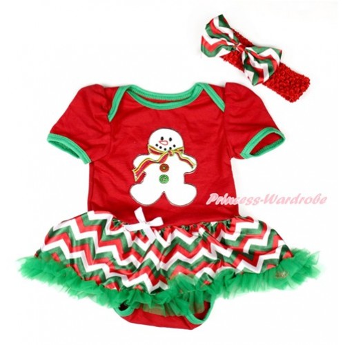 Xmas Red Baby Bodysuit Jumpsuit Red White Green Wave Pettiskirt With Christmas Gingerbread Snowman Print With Red Headband Red White Green Wave Satin Bow JS1905 