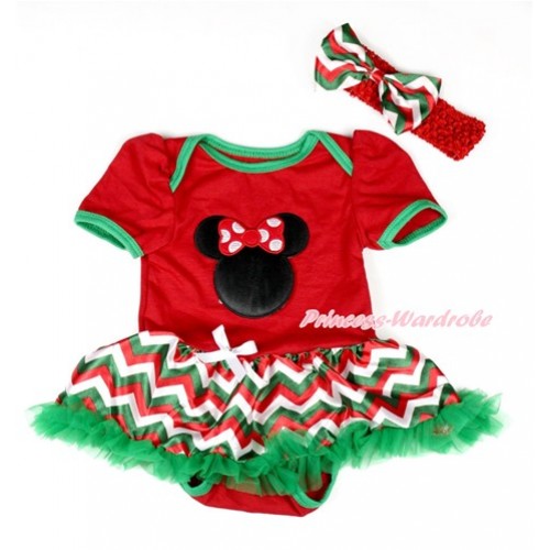 Xmas Red Baby Bodysuit Jumpsuit Red White Green Wave Pettiskirt With Minnie Print With Red Headband Red White Green Wave Satin Bow JS1906 