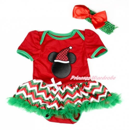 Red Baby Bodysuit Jumpsuit Red White Green Wave Pettiskirt With Christmas Minnie Print With Kelly Green Headband Red Silk Bow JS1907 