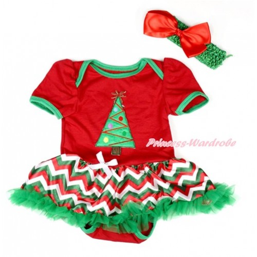 Xmas Red Baby Bodysuit Jumpsuit Red White Green Wave Pettiskirt With Christmas Tree Print With Kelly Green Headband Red Silk Bow JS1908 