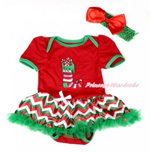 Xmas Red Baby Bodysuit Jumpsuit Red White Green Wave Pettiskirt With Christmas Stocking Print With Kelly Green Headband Red Silk Bow JS1909 