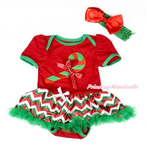 Xmas Red Baby Bodysuit Jumpsuit Red White Green Wave Pettiskirt With Christmas Stick Print & Minnie Dots Bow With Kelly Green Headband Red Silk Bow JS1910 