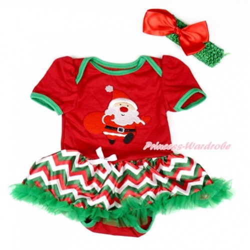 Xmas Red Baby Bodysuit Jumpsuit Red White Green Wave Pettiskirt With Gift Bag Santa Claus Print With Kelly Green Headband Red Silk Bow JS1912 