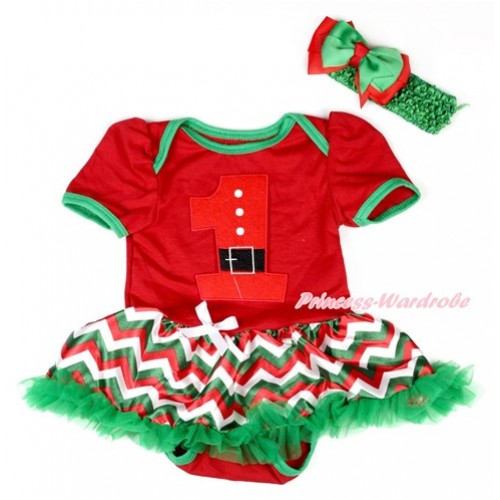 Xmas Red Baby Bodysuit Jumpsuit Red White Green Wave Pettiskirt With 1st Santa Claus Birthday Number Print With Kelly Green Headband Green Red Ribbon Bow JS1915 