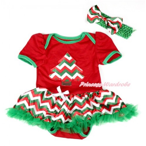Xmas Red Baby Bodysuit Jumpsuit Red White Green Wave Pettiskirt With Red White Green Wave Christmas Tree Print With Kelly Green Headband Red White Green Wave Satin Bow JS1917 