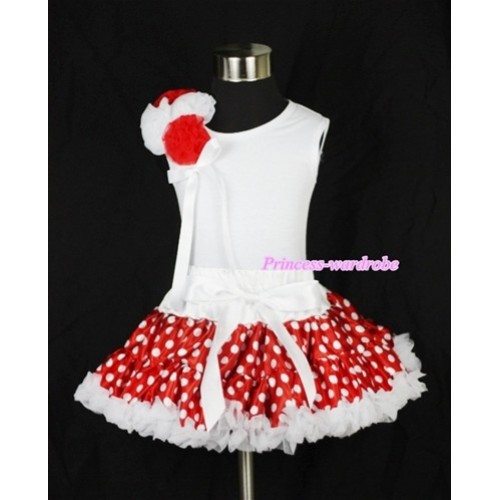 White Minnie Polka Dots Pettiskirt with a Bunch of White Red Rosettes White Tank Top MG445 